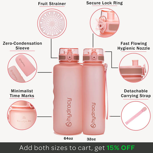 Hydracy Water Bottle with Time Marker - Large 1 Liter 32 Oz BPA Free Water Bottle -Leak Proof & No Sweat Gym Bottle with Fruit Infuser Strainer -Ideal Gift for Fitness or Sports & Outdoors - Rose Gold
